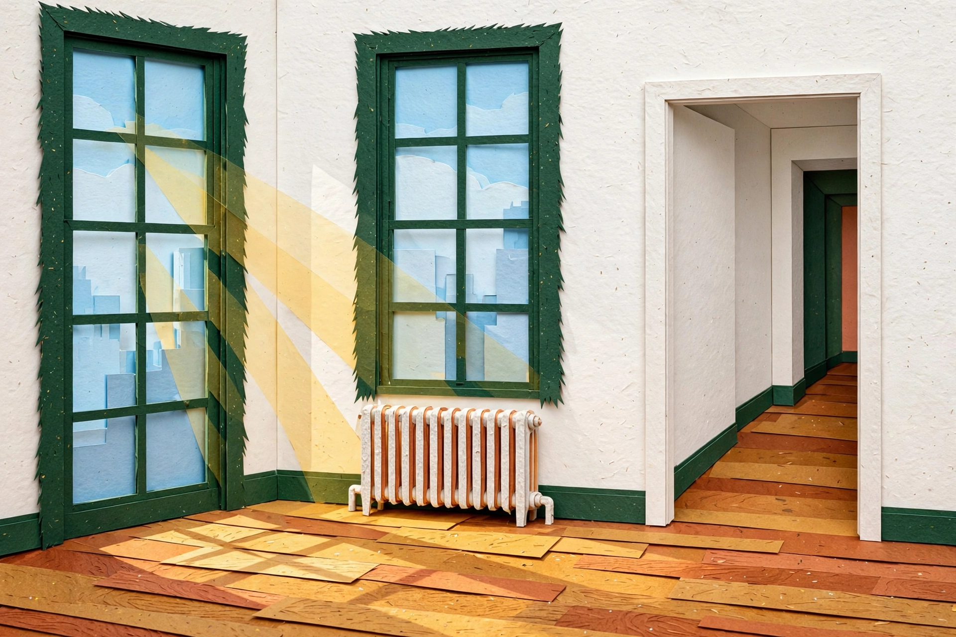 Cut-paper illustration of a bright apartment interior