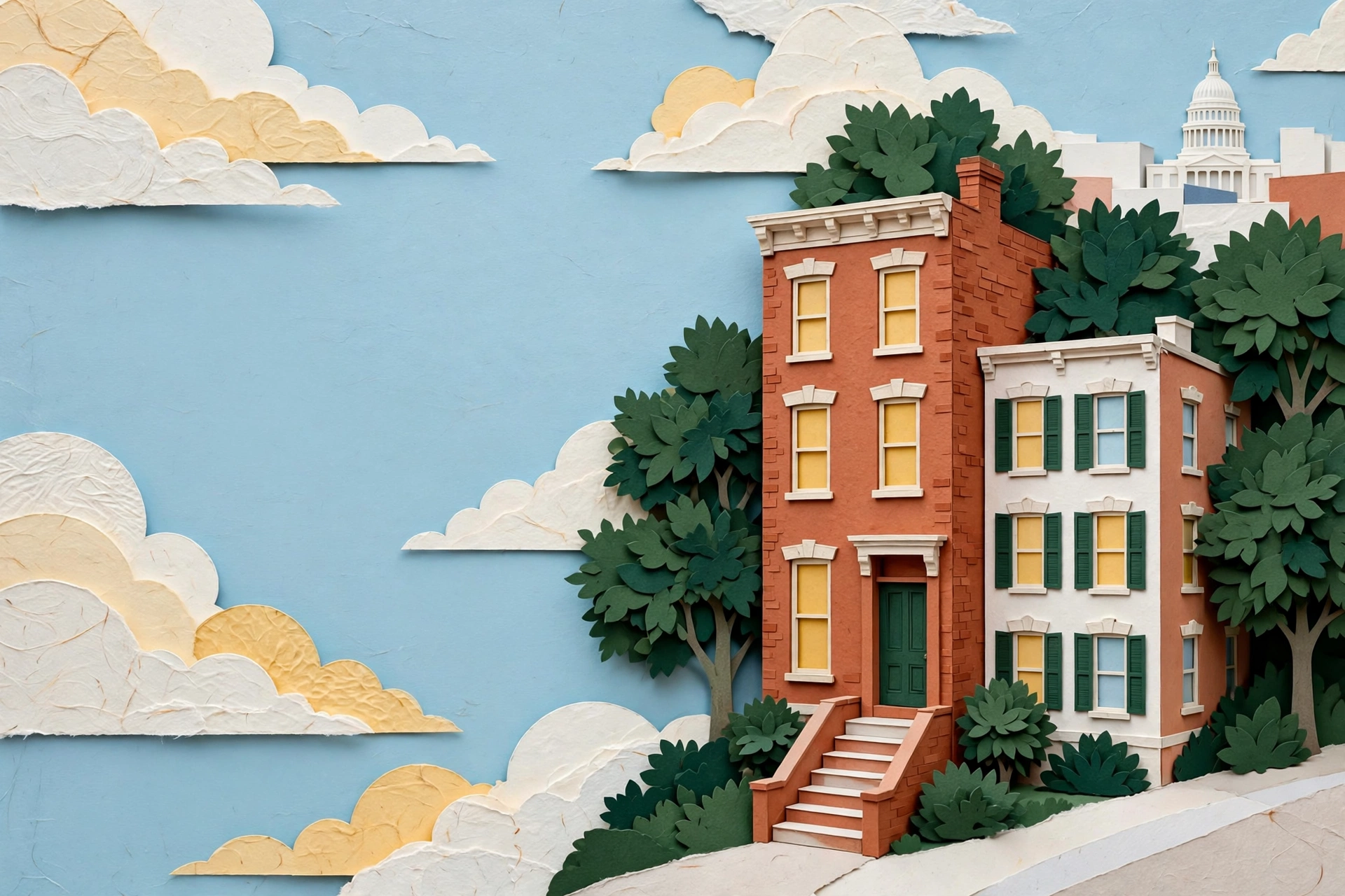 Cut-paper illustration of a brick rowhouse and apartment building on a leafy Washington, DC street